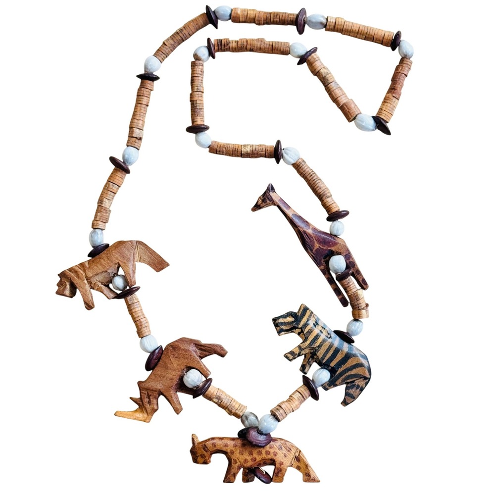 VTG Safari Animal Wood Carved Necklace Big Statement Retro Boho Indie 70s 30"‎